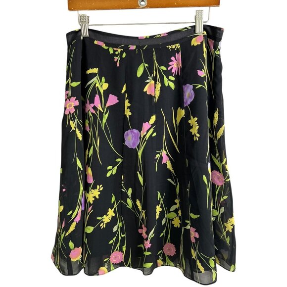 Vintage Silk Chiffon Beaded Floral Knee Length Skirt Black Size 12 Preppy Twee - Picture 4 of 12